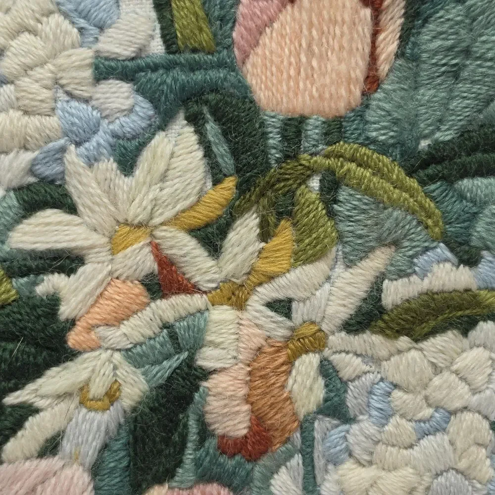 Vintage 70s Crewel Embroidery Colorful Tulips Decorative Pillow 13” x 13” Boho